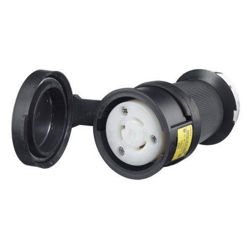 P117002.jpg Hubbell-Wiring HBL2313SW 2-Wire 3-Pole Polarized Connector Body 125-Volt AC 20-Amp NEMA L5-20R Black/White Twist-Lock® Watertight Safety-Shroud®